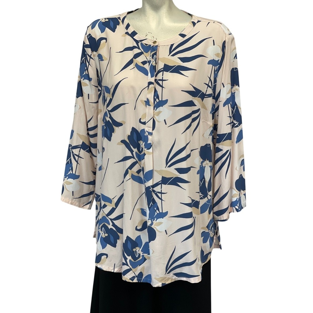 Liz Claiborne XL Peach Blue Floral Rayon 3/4 Sleeve Tunic Blouse‎ Top